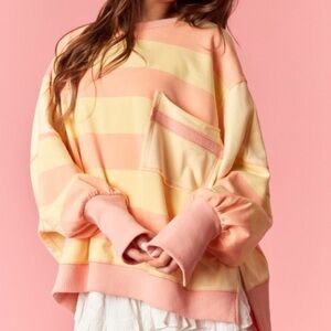 Peach & Yellow Striped Color Block Pocket Terry Sweatshirt French Oversized